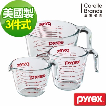 【美國康寧 PYREX】 耐熱玻璃單耳量杯3入組(C01)